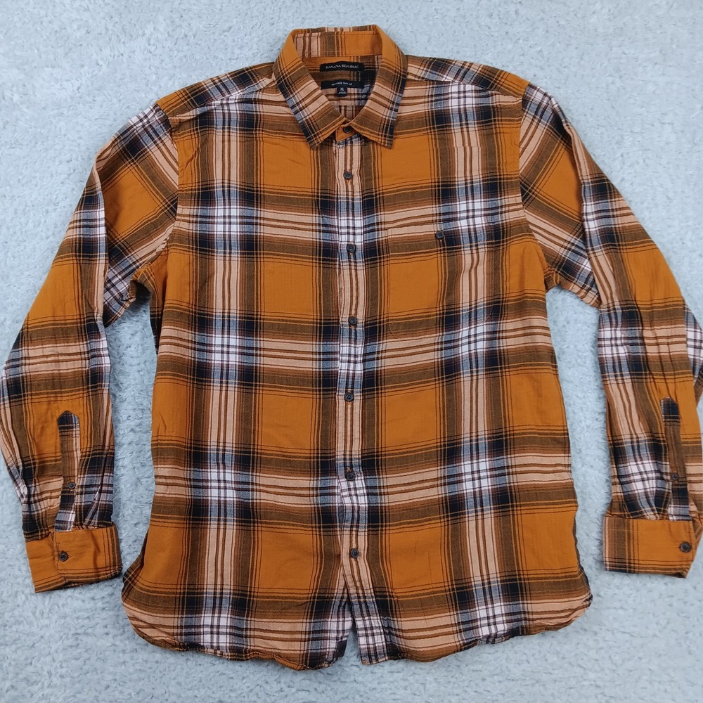Banana Republic Button Down Shirt Mens XL Yellow Plaid Untucked Slim Fit